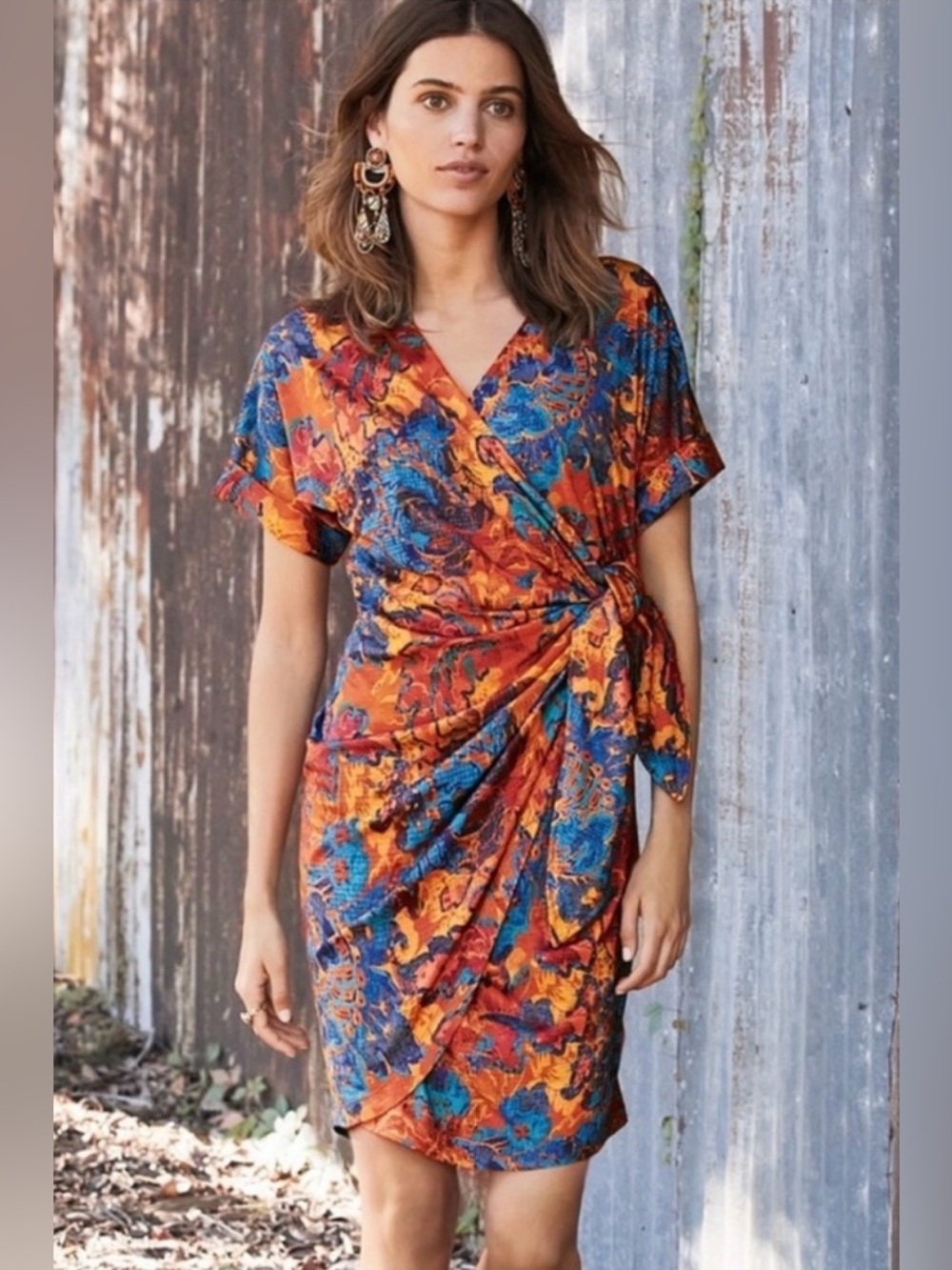 Peruvian Connection Orange & Blue‎ Bahia Wrap Dress, Size M